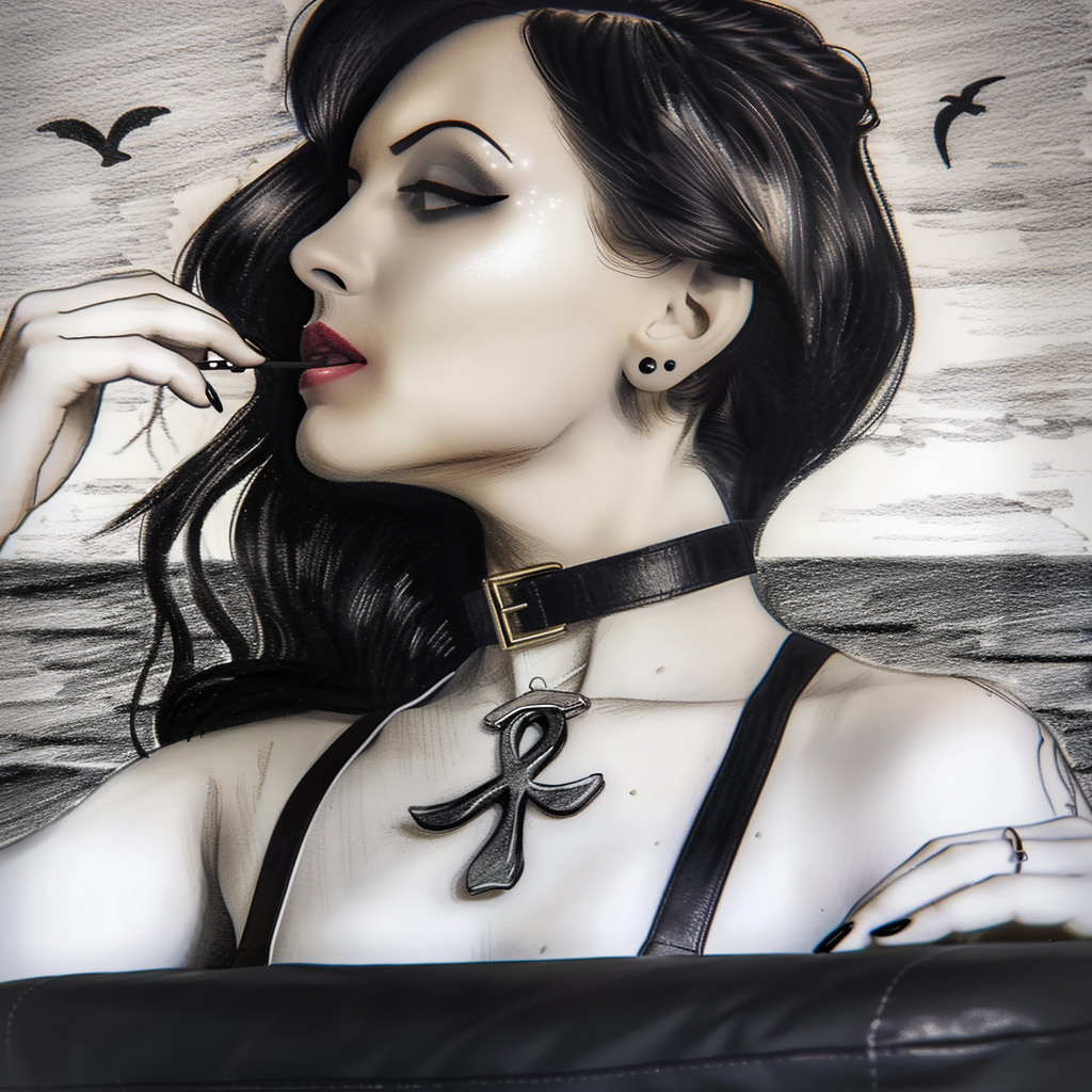 Goth woman with long dark hair, wearing a choker and ankh necklace, gazing thoughtfully into the distance.