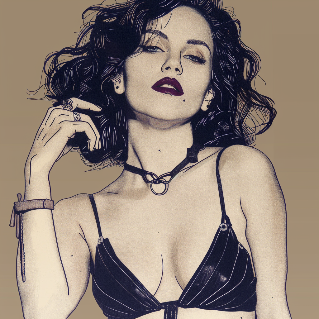 Confident goth woman with wavy dark hair, wearing a harness top, looking directly at the camera.