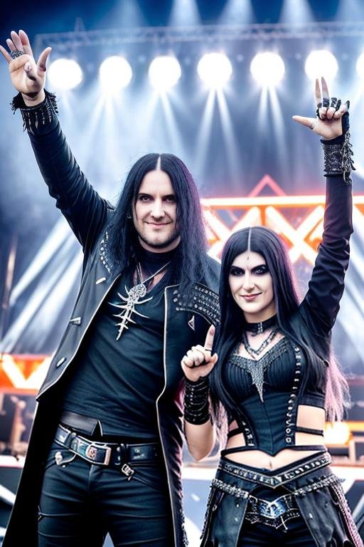 A man and a woman in gothic metal outfits smiling and raising their hands on stage at Time to Rock Festival 2024, with dramatic stage lighting behind them.