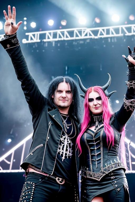 A man and a woman in gothic metal attire smiling and raising their hands on stage at Time to Rock Festival 2024, with dramatic lighting in the background.