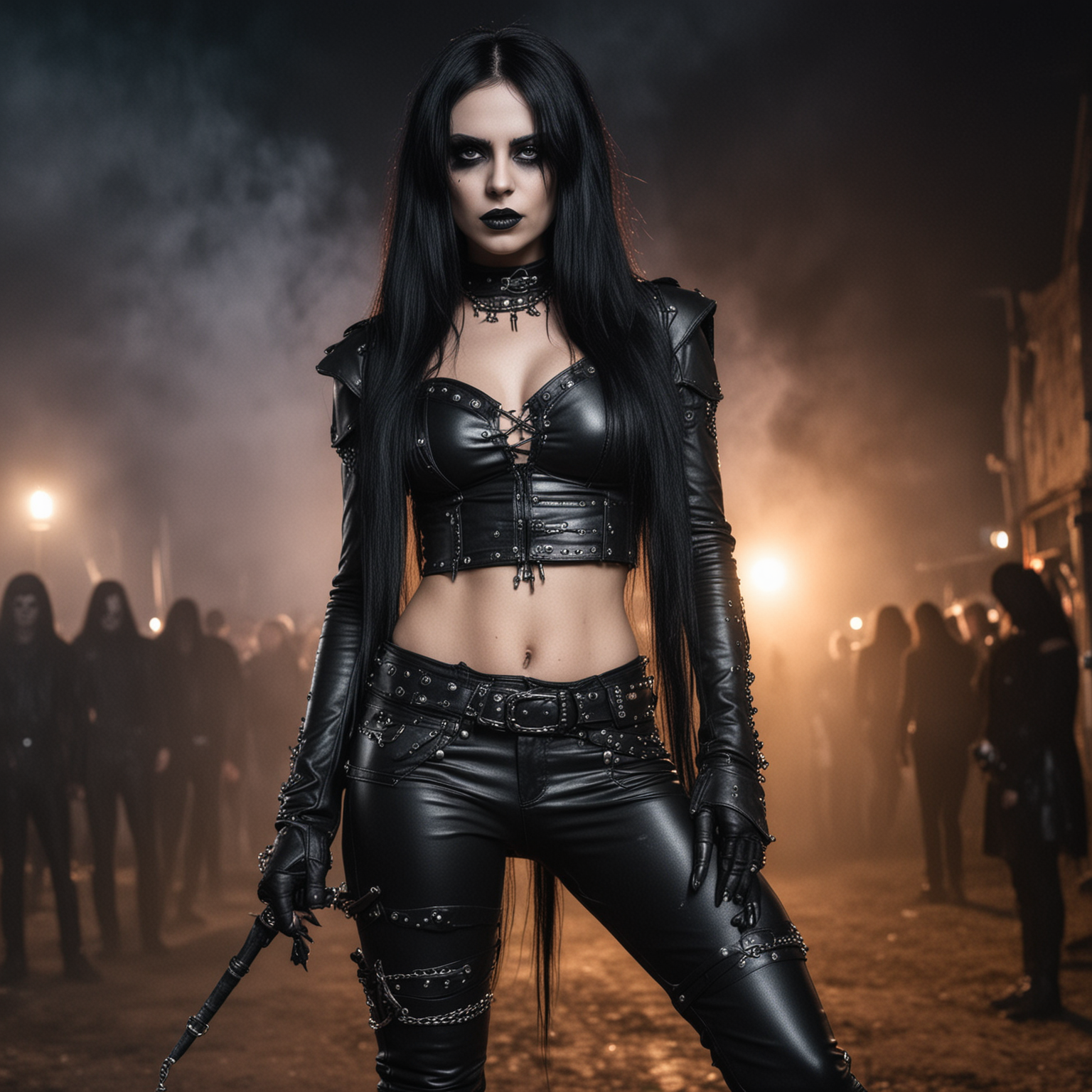 Gothic woman in leather outfit at Subkultfestivalen 2024 with dark, smoky background.