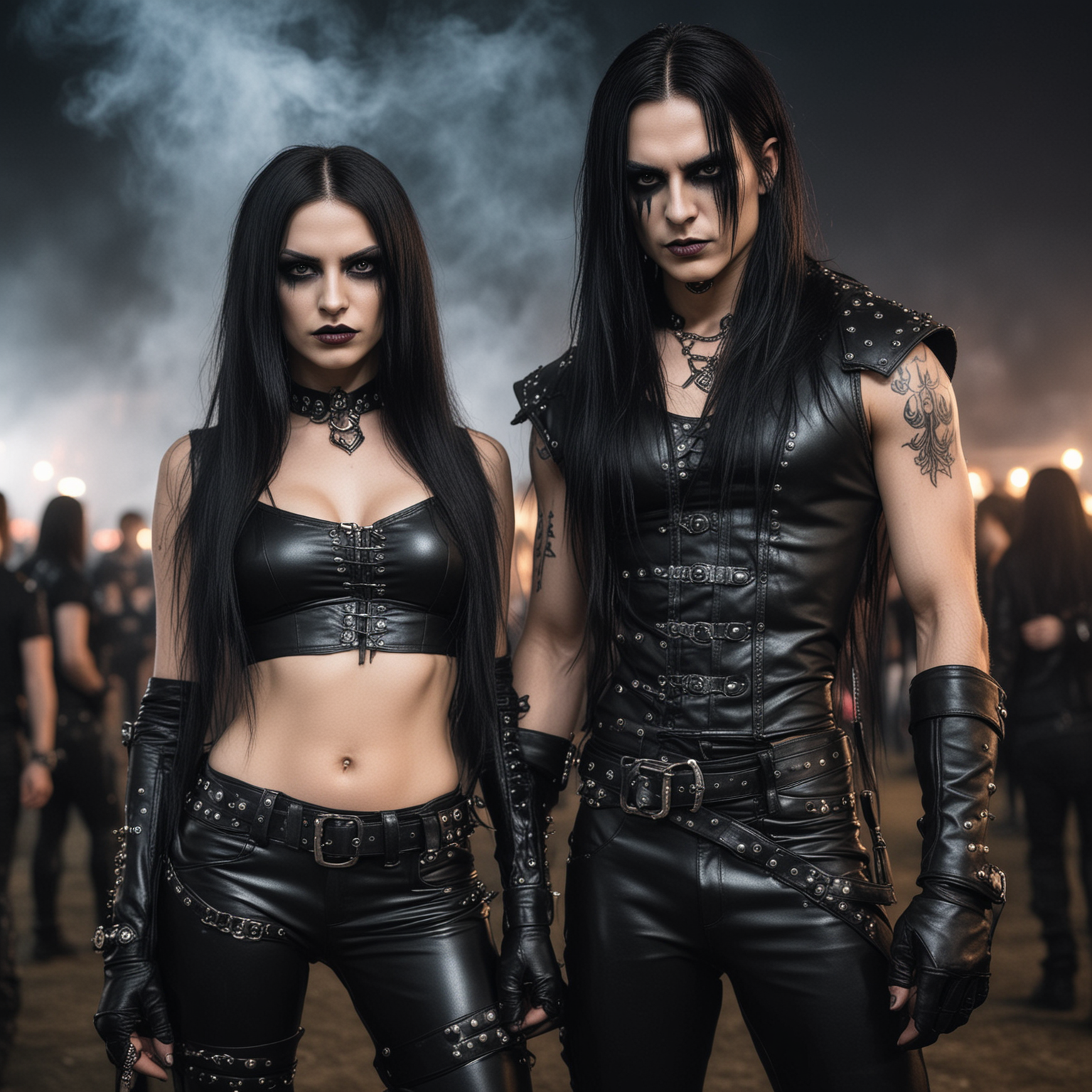 Gothic woman and black metalhead man at Subkultfestivalen 2024 night event with smoky background.
