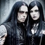 A gothic vampire couple, a man and a woman with long black hair, dressed in black leather and gothic accessories, standing closely together with intense expressions.