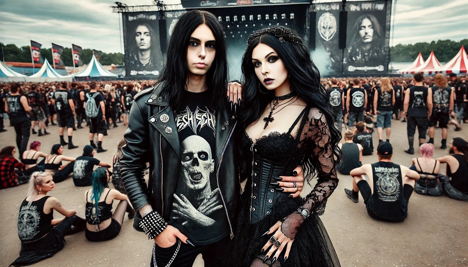 Gothic woman and black metalhead man posing together at a lively music festival, surrounded by a crowd and metal band banners. The woman wears a black lace dress, and the man is dressed in a band t-shirt and leather jacket.
