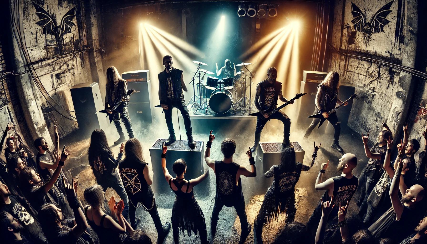 Dynamic, high-energy scene of a band performing on stage with dramatic lighting and a crowd of fans in a dark, gritty venue.
