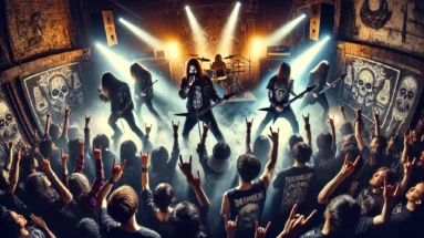 Bands that wrecked the radio: Powerful scene of a rebellious band performing live on stage surrounded by an electrified audience in a dark, gritty venue.