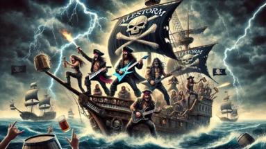 Dynamic pirate-themed scene with a pirate ship battling through stormy seas, featuring the band Alestorm playing instruments on deck with fans cheering.