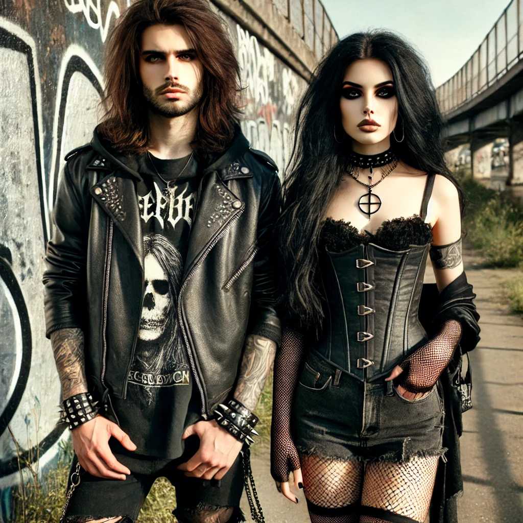 Anti-Commercialism in the Metal Community: Metalhead man and woman standing together in an urban setting with graffiti walls, exuding a strong anti-commercialism vibe.