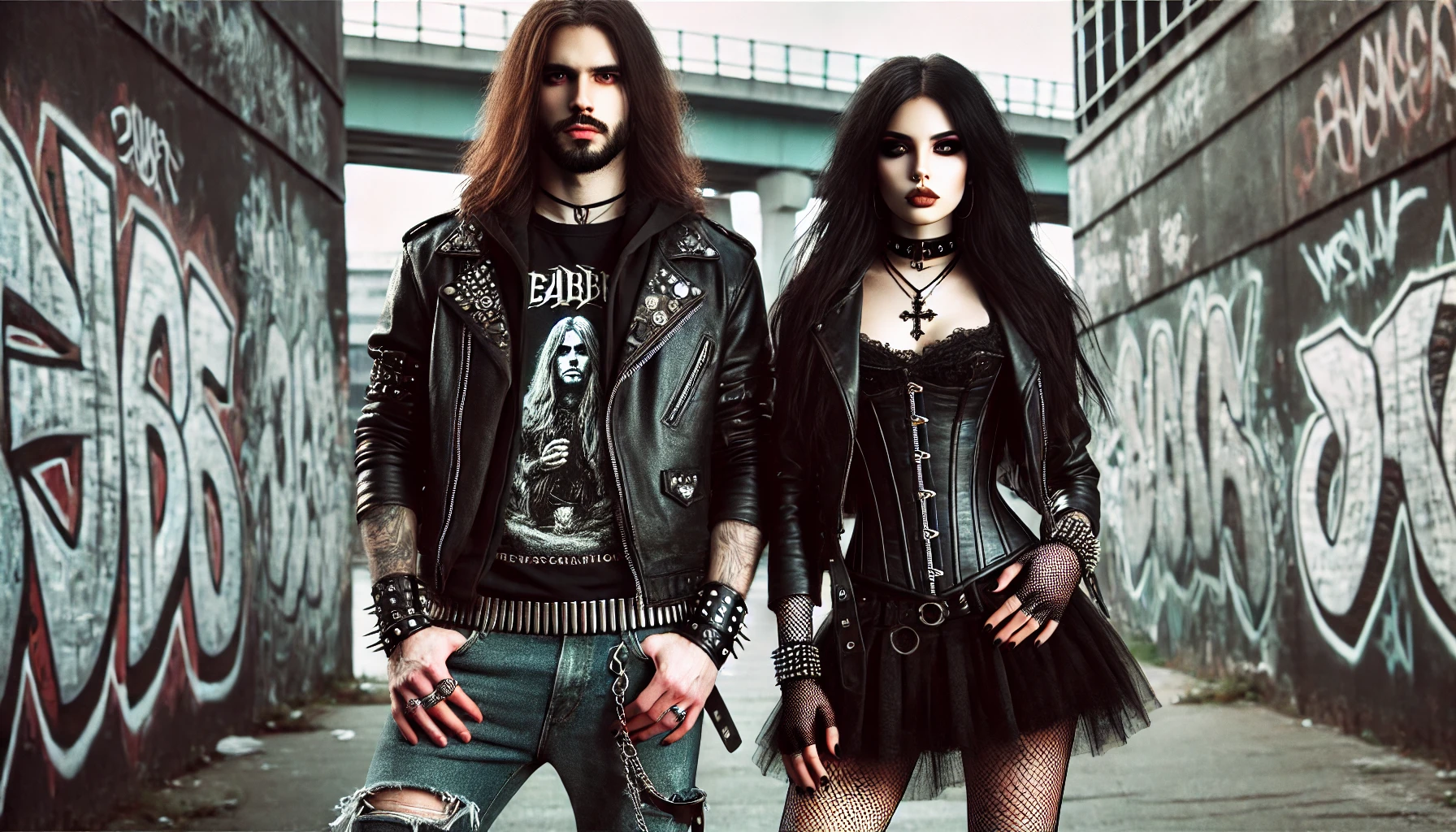 Metalhead man and woman standing together in an urban setting with graffiti walls, exuding a strong anti-commercialism vibe.