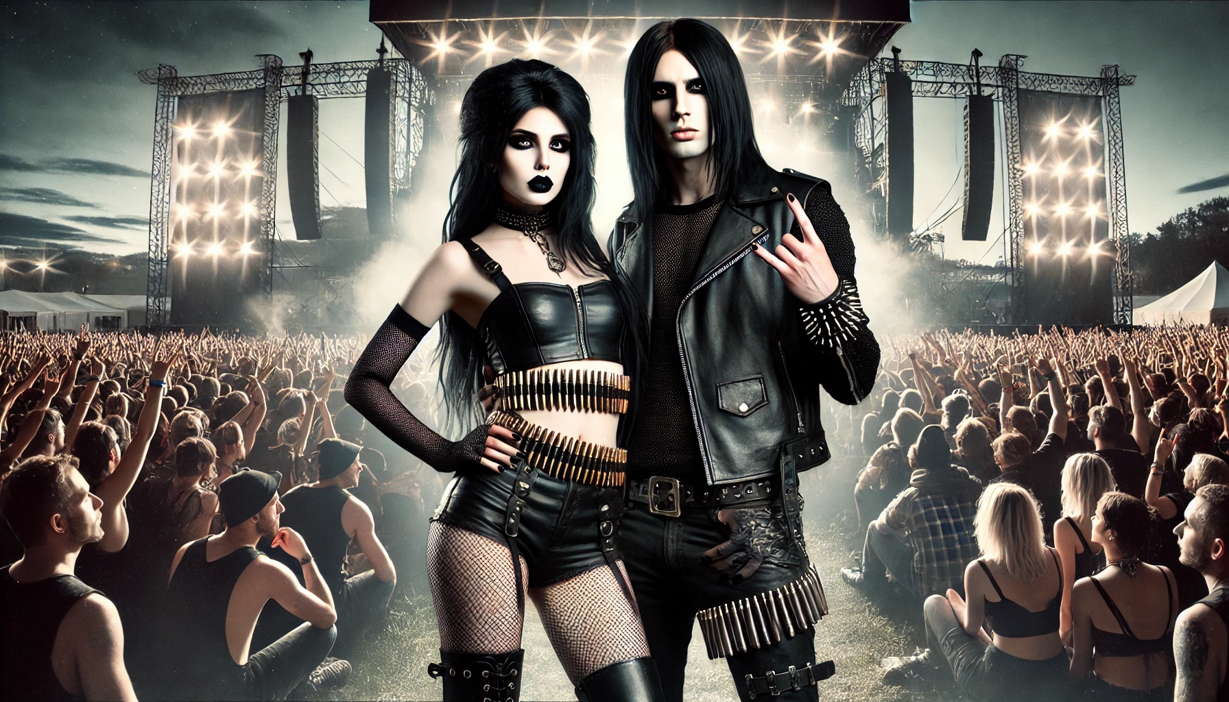 Gothic woman and black metalhead man at Subkultfestivalen 2024 day concert stage with crowd in background.