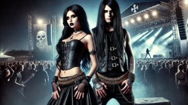 Gothic woman and black metalhead man at Subkultfestivalen 2024 night concert stage with dramatic lighting.