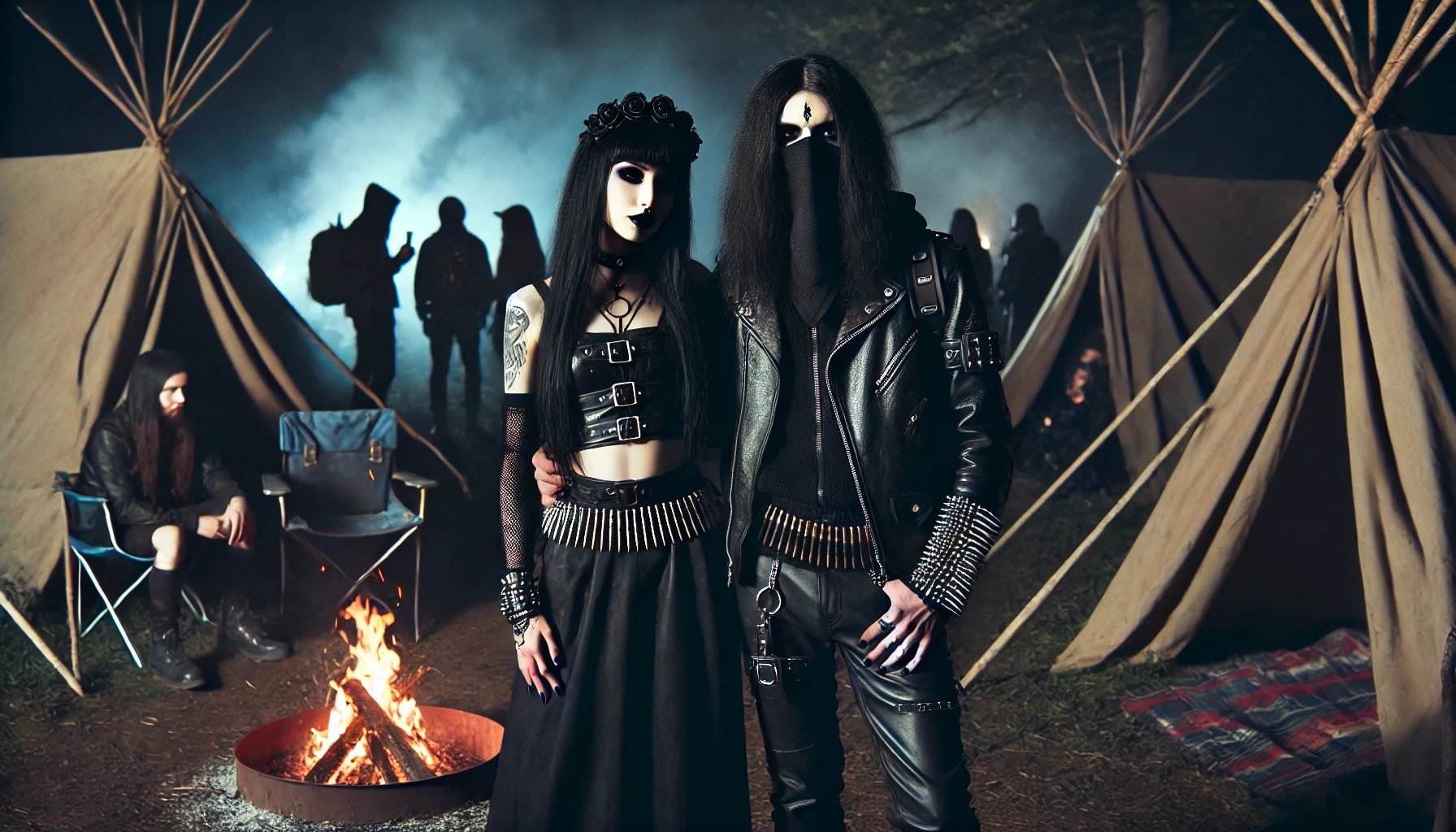 Gothic woman and black metalhead man at Subkultfestivalen 2024 campground with tents and bonfire.