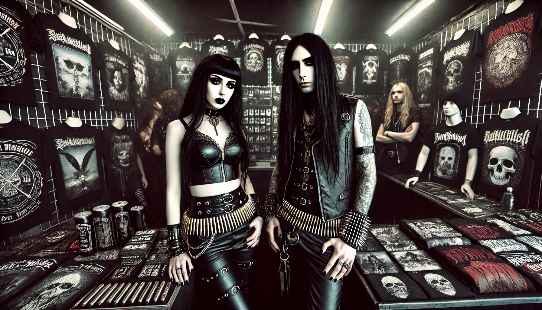 Gothic woman and black metalhead man at Subkultfestivalen 2024 merch booth with band t-shirts and accessories.