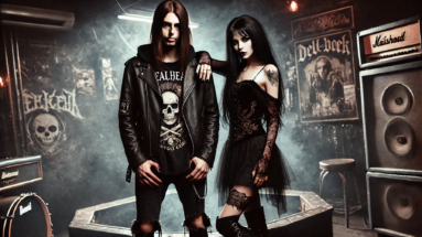 Metalhead man with long black hair and goth woman in a black lace dress, standing in an industrial setting with graffiti, posters, and musical equipment.