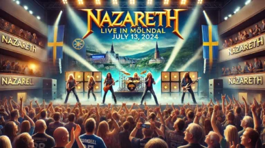 Dynamic concert scene with the legendary rock band Nazareth performing live in Mölndal, featuring vibrant colorful lights and an enthusiastic audience.
