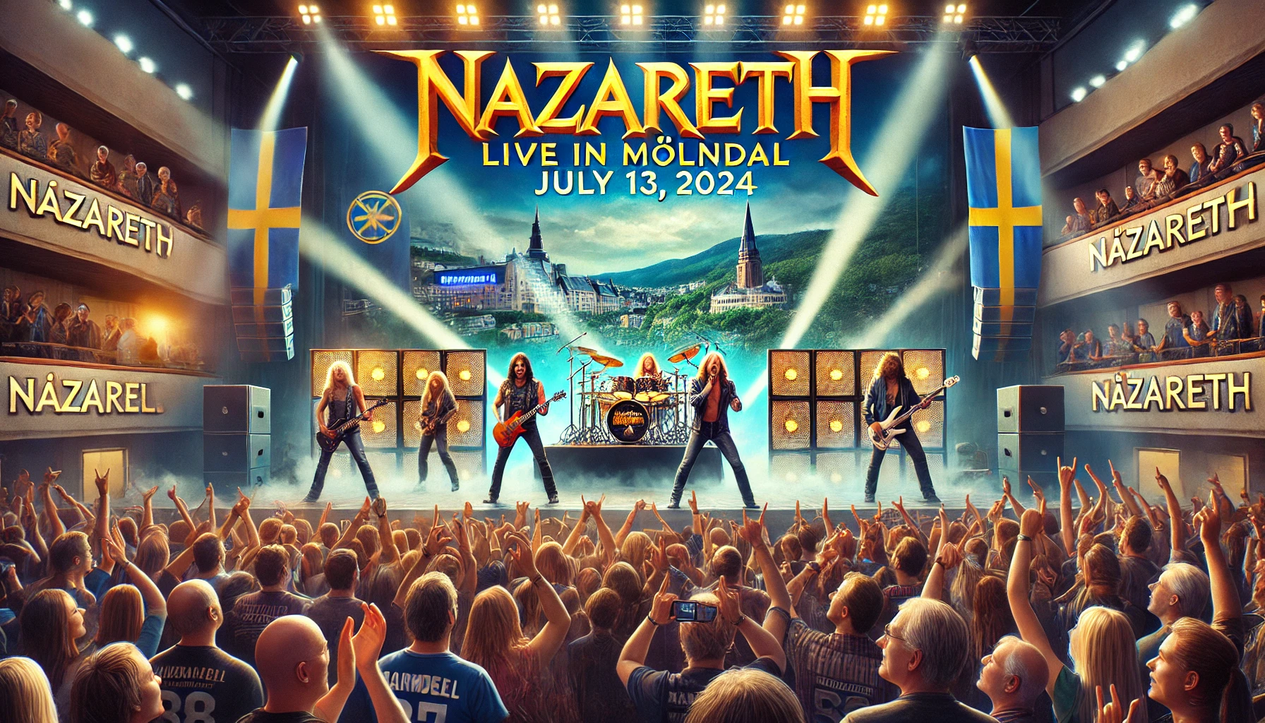 Dynamic concert scene with the legendary rock band Nazareth performing live in Mölndal, featuring vibrant colorful lights and an enthusiastic audience.