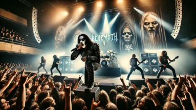 Behemoth and Testament live on stage at Malmö Arena with dramatic lighting, including spotlights and pyrotechnics. Behemoth's Nergal is in the foreground, wearing corpse paint and delivering a powerful performance. Testament's Chuck Billy is also prominently displayed, passionately engaging with the crowd.
