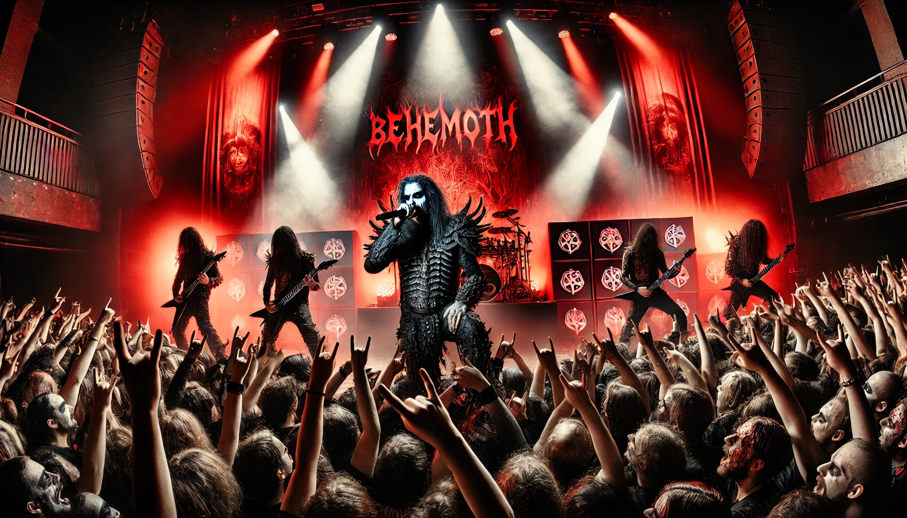 An electrifying concert scene featuring Behemoth and Testament live on stage with dramatic red and black lighting, and pyrotechnics. Behemoth's Nergal, in corpse paint, is in the foreground delivering a powerful performance. The audience is a sea of headbanging metalheads raising their horns.