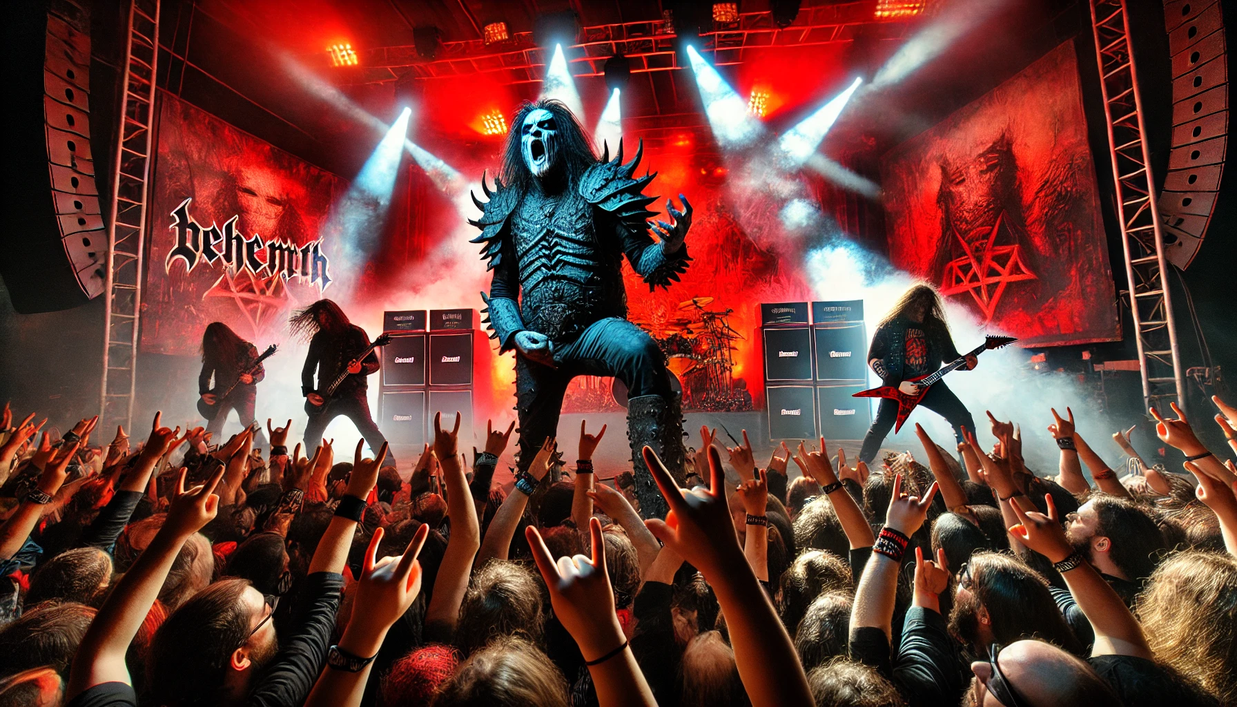An intense and high-energy concert scene featuring Behemoth and Testament performing live with dramatic red and blue lighting and pyrotechnics. Behemoth's Nergal, in corpse paint, is delivering a powerful performance in the foreground. The audience is filled with metalheads headbanging and raising their horns.