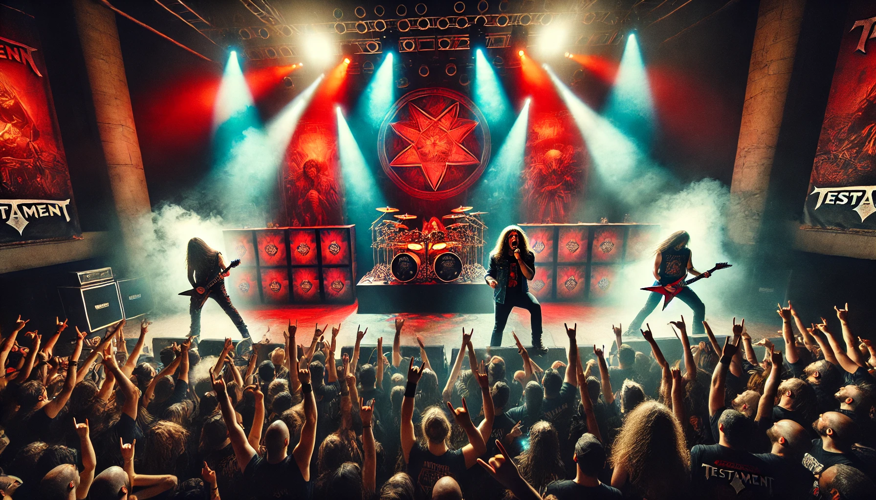 Testament performing live with dramatic red and blue lighting, featuring Chuck Billy passionately engaging with the audience. The stage backdrop includes Testament's logo and thrash metal imagery, with a crowd of metalheads headbanging and raising their horns.