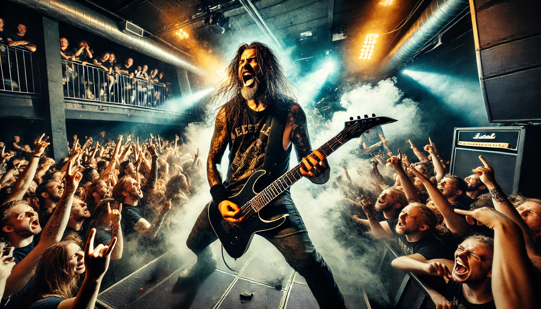 Dynamic image capturing Soulfly's intense live performance at Pumpehuset in Copenhagen on July 30, 2024, with Max Cavalera front and center, passionately shredding on his guitar. The stage is alive with dramatic lighting, smoke, and the energy of the fully engaged crowd in the background.