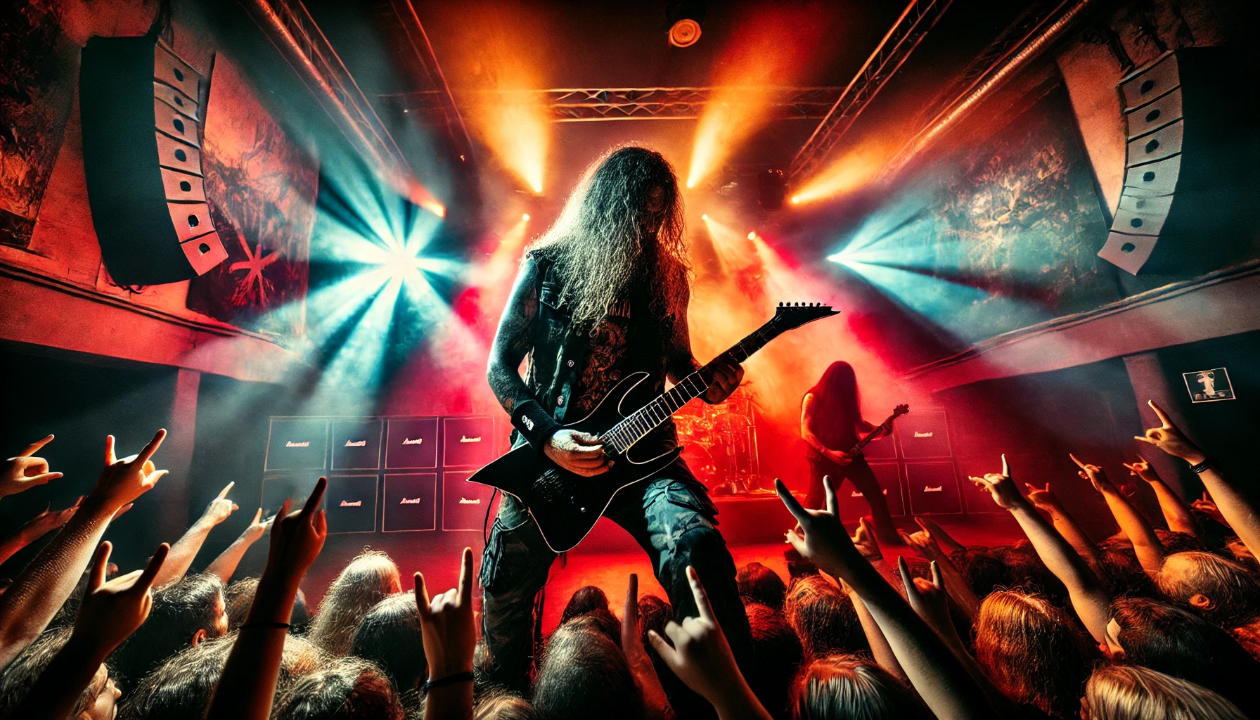 Electrifying image capturing Soulfly's powerful live performance at Pumpehuset in Copenhagen on July 30, 2024, with Max Cavalera dominating the stage, intensely playing his guitar. The scene is filled with vibrant stage lighting, smoke effects, and an enthusiastic crowd fully immersed in the metal concert experience.