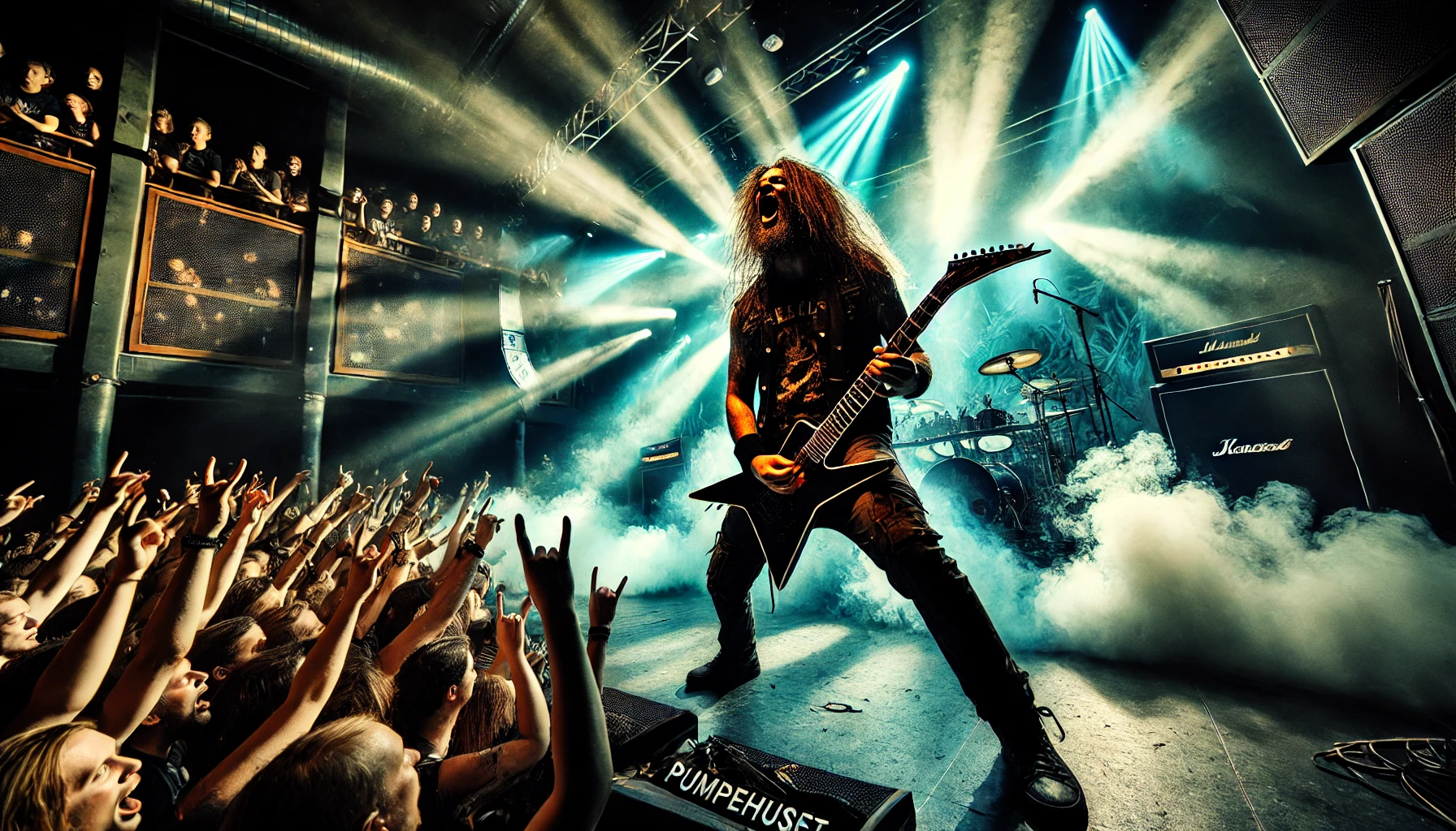 Captivating image of Soulfly's intense live performance at Pumpehuset in Copenhagen on July 30, 2024, with Max Cavalera passionately playing his guitar center stage, surrounded by dramatic lighting and thick smoke effects, and a fully engaged crowd cheering and headbanging in the background.