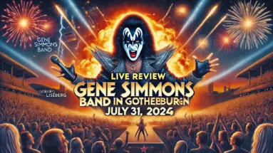 Concert review banner for Gene Simmons Band Live in Gothenburg on July 31, 2024, featuring Gene Simmons in iconic makeup and costume performing on stage with dramatic lighting and pyrotechnics, and a packed crowd of excited fans at Liseberg.