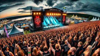 Vibrant scene of Sweden Rock Festival 2025 in Sölvesborg with a large crowd of metalheads enjoying a live performance under a darkening sky. The main stage is illuminated with colorful lights and pyrotechnics, surrounded by festival grounds filled with tents, food stalls, and merchandise stands, set against the picturesque landscape of Sölvesborg