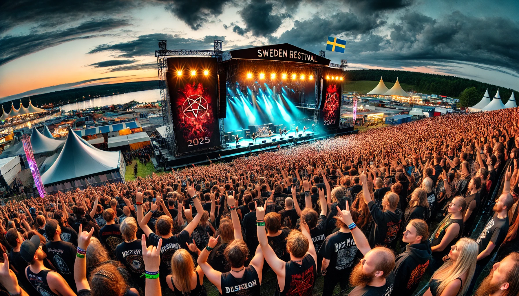 Vibrant scene of Sweden Rock Festival 2025 in Sölvesborg with a large crowd of metalheads enjoying a live performance under a darkening sky. The main stage is illuminated with colorful lights and pyrotechnics, surrounded by festival grounds filled with tents, food stalls, and merchandise stands, set against the picturesque landscape of Sölvesborg