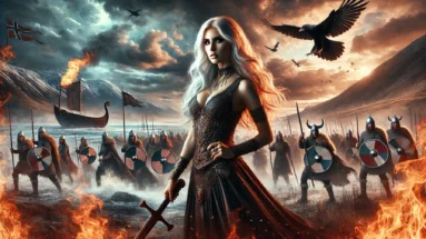 A powerful scene inspired by Warkings' album 'Odin's Sons' featuring a woman inspired by Melissa Bonny. The scene includes Viking warriors, epic battlefields, and Norse mythology elements like ravens and Valkyries. The woman stands confidently with a sword, surrounded by flames and dramatic skies, embodying the fierce spirit of a shieldmaiden. The background has a Norse-inspired landscape with mountains and a raging sea, creating an intense and epic atmosphere.