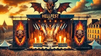 Vibrant and iconic scene of Hellfest 2025 in Clisson, France, featuring a massive stage with dramatic lighting, flames, and gothic decorations. A large crowd of enthusiastic metalheads stands in front, with picturesque town architecture in the background under a dramatic sunset sky."