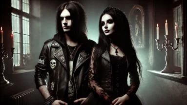 A black metalhead man in a patched leather jacket and a gothic woman in a black lace dress, standing together in a dark, shadowy setting.