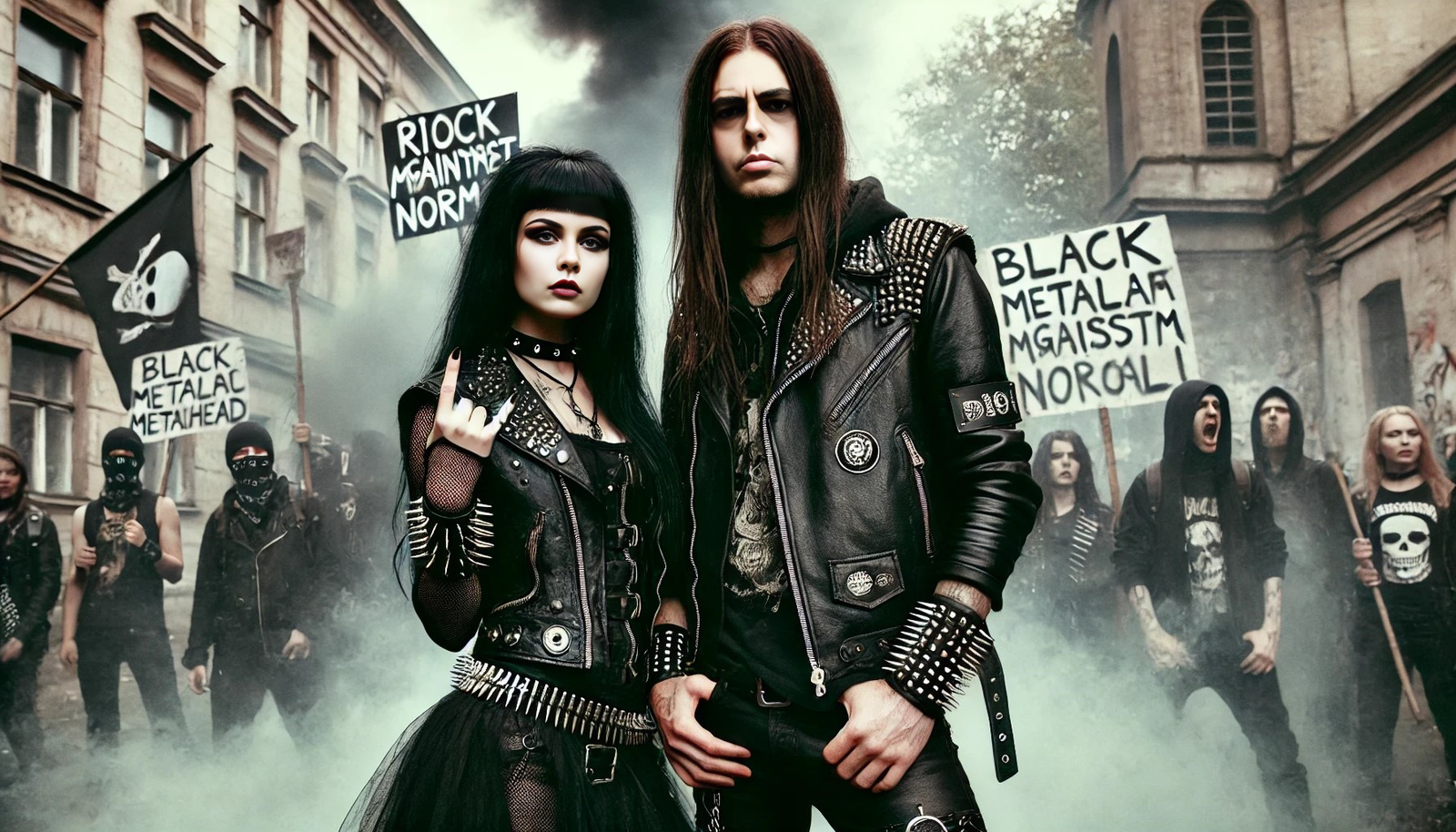 A gothic metalhead rebellious woman and a black metalhead man standing together in a riot against mainstream norms. The woman has long black hair, wears leather clothing with a spiked collar, and has a fierce expression. The man also has long black hair, wears a leather jacket with band patches, and has a stoic yet intense look. They are surrounded by a chaotic scene with protest signs, smoke, and graffiti, exuding an aura of defiance and individuality.