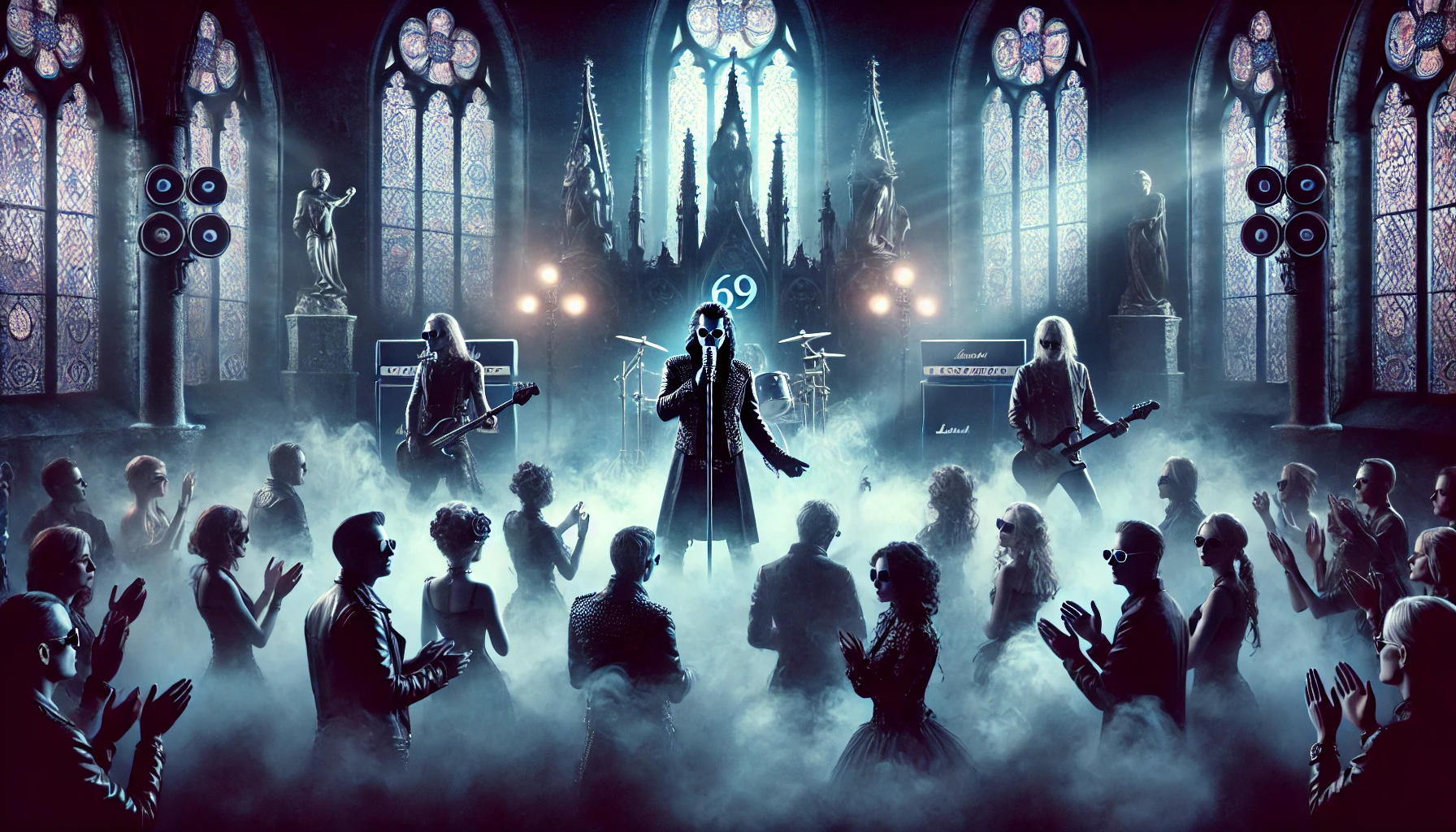 Gothic band performing on stage with moody lighting and mist, featuring dark clothing, leather jackets, and gothic architecture elements in the background, all bathed in blue and purple hues.