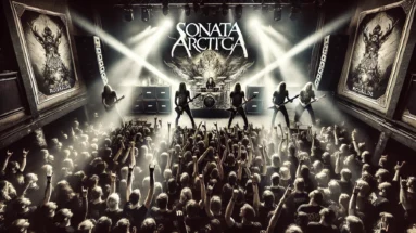 Sonata Arctica performing live on stage at Gimle in Roskilde, with dramatic lighting and energetic fans headbanging and holding up metal horns.