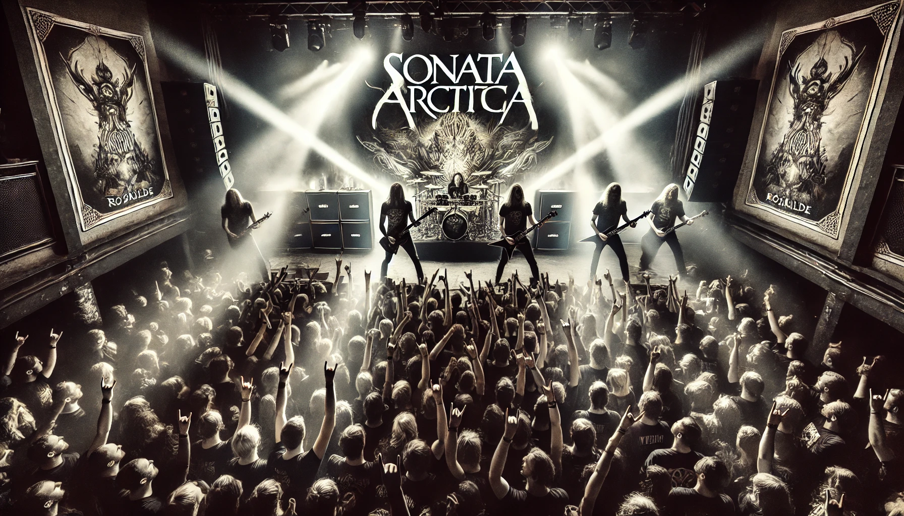 Sonata Arctica performing live on stage at Gimle in Roskilde, with dramatic lighting and energetic fans headbanging and holding up metal horns.