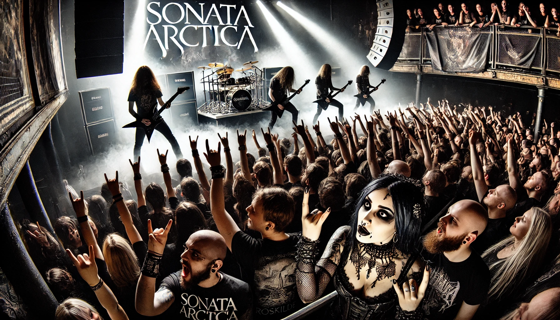Sonata Arctica live at Gimle in Roskilde, featuring a gothic metalhead woman enjoying the concert in the foreground, fans headbanging and holding up metal horns.