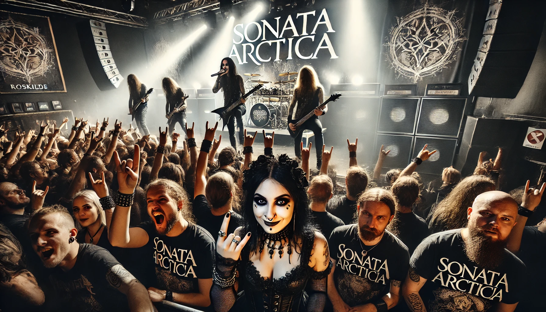 Sonata Arctica performing on stage at Gimle in Roskilde, with a gothic metalhead woman in the foreground enjoying the concert, surrounded by enthusiastic fans.