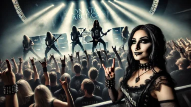Sonata Arctica performing on stage at Gimle in Roskilde, with a gothic metalhead woman enjoying the concert in the foreground, fans headbanging and holding up metal horns.
