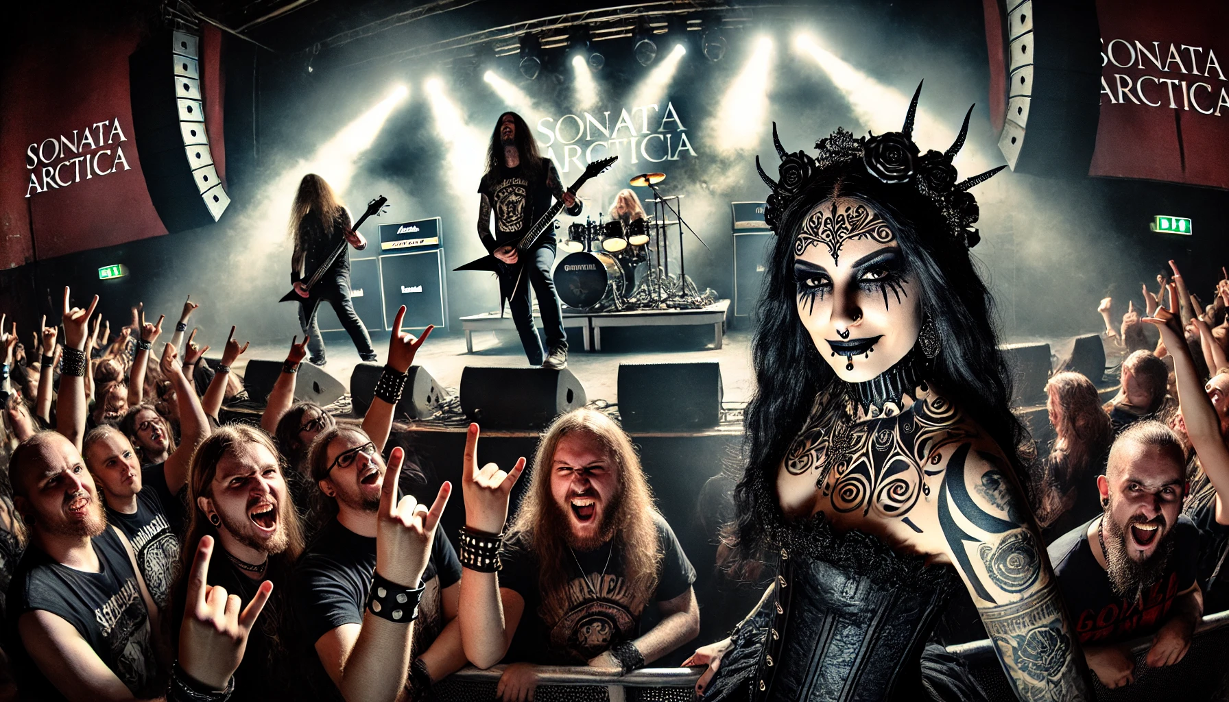 Sonata Arctica live at Gimle in Roskilde, with a gothic metalhead woman enjoying the concert in the foreground, surrounded by enthusiastic fans. 