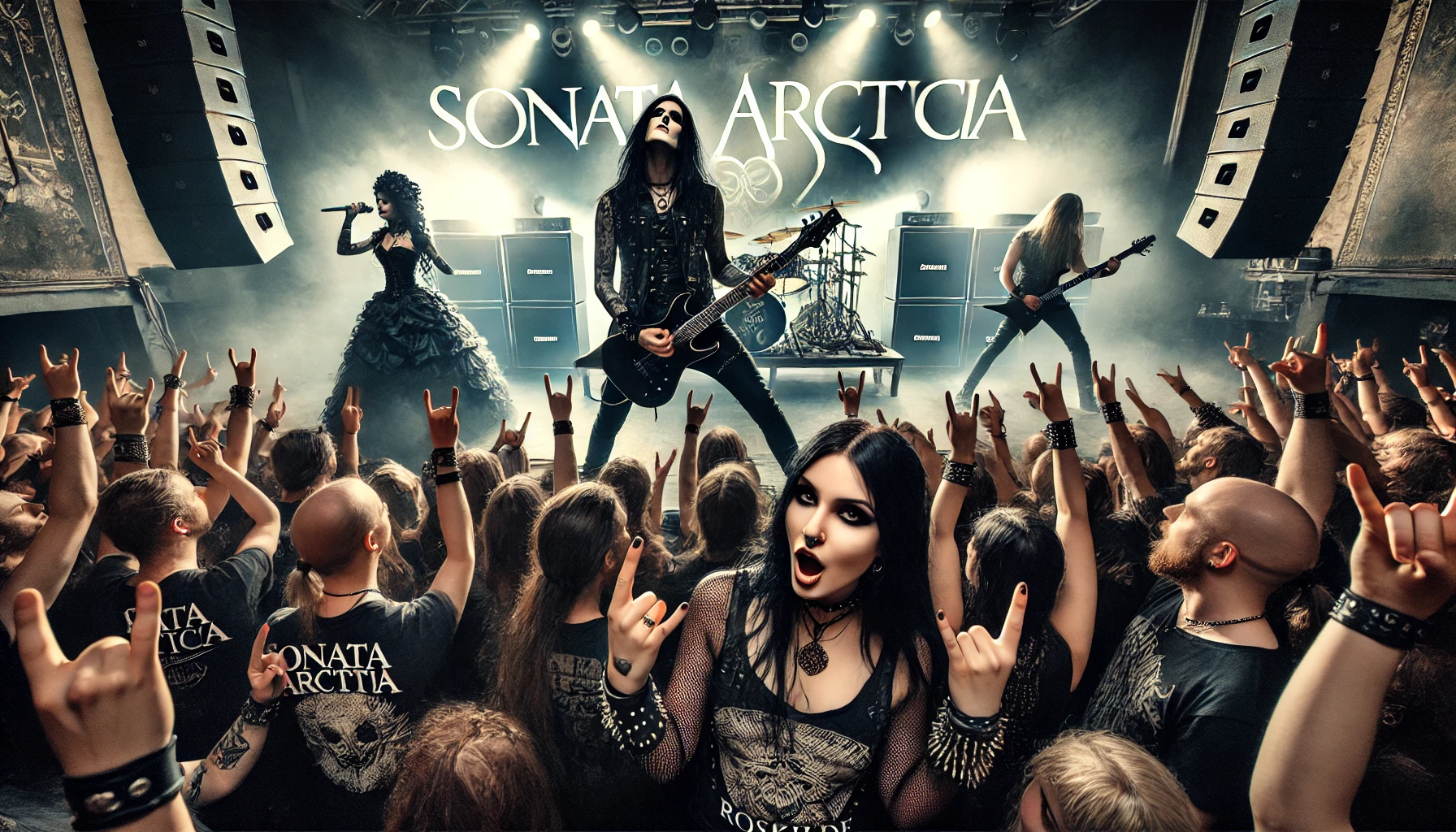 Sonata Arctica on stage at Gimle in Roskilde, with a gothic metalhead woman and man in the foreground, fans cheering and holding up metal horns.