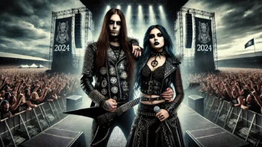 Iconic image of a metalhead man and woman standing together on stage at Bloodstock 2024, with the man holding a guitar and the woman holding a microphone, both wearing gothic attire with a large crowd of metalheads in the background.
