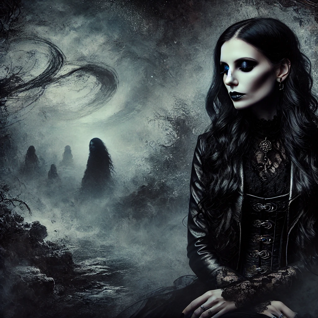 Somber gothic woman dressed in black lace and leather, set against a haunting dreamscape with ghostly apparitions in the distance, inspired by Akhlys' Somniloquy.
