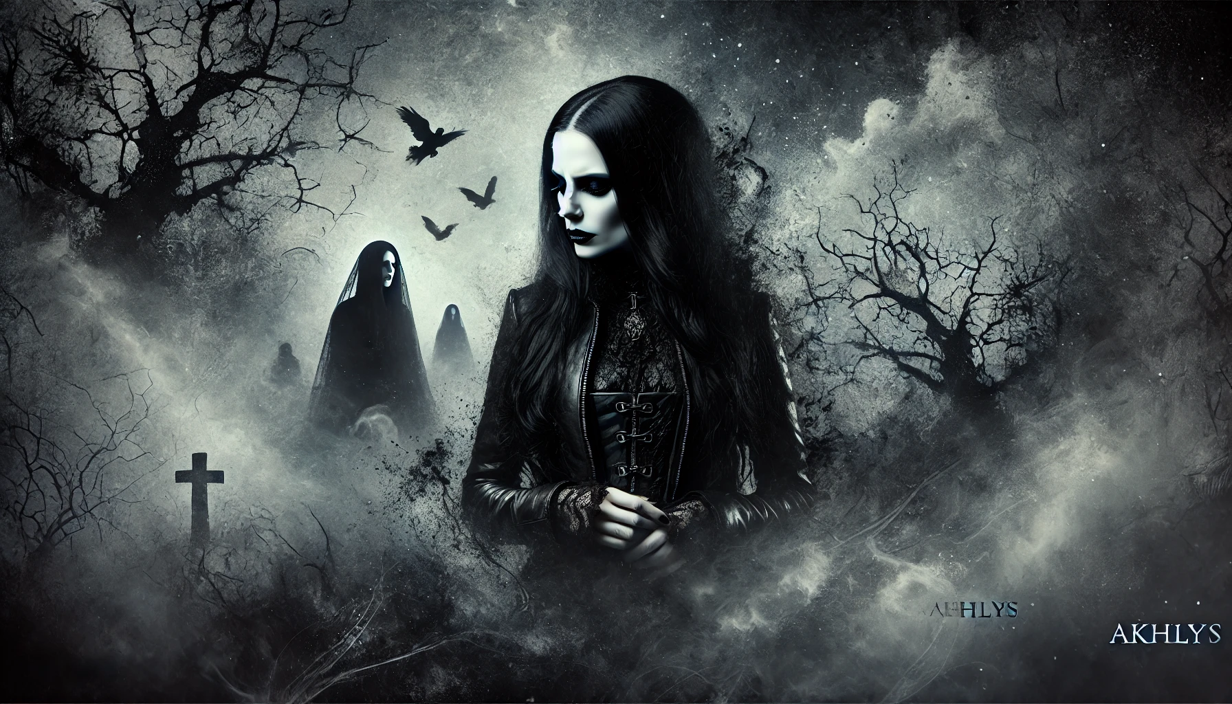 Gothic black metal woman in a shadowy, surreal landscape with twisted trees, ravens, and ghostly figures, reflecting the dark atmosphere of Akhlys' Somniloquy album.