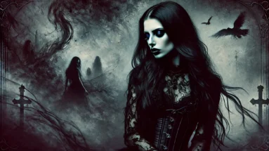 Gothic black metal woman in a dark, misty landscape with swirling shadows and ghostly figures, evoking the eerie vibe of Akhlys' album Somniloquy.