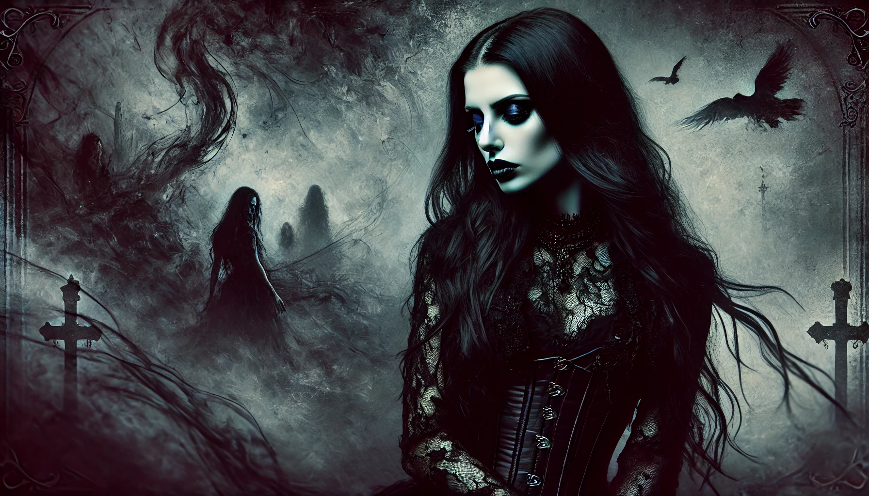Gothic black metal woman in a dark, misty landscape with swirling shadows and ghostly figures, evoking the eerie vibe of Akhlys' album Somniloquy.