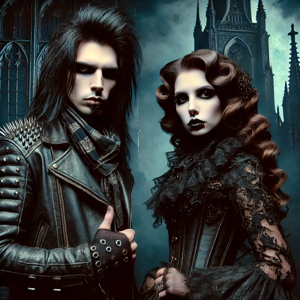 Gothic man and woman dressed in dark, intricate outfits with a gothic cathedral in the background, capturing the intense and mysterious atmosphere of M'era Luna 2024.