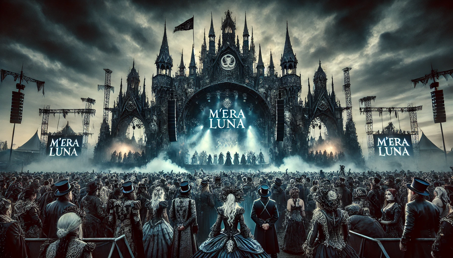 Crowd of gothic festival-goers in elaborate costumes facing a grand gothic stage at M'era Luna 2024, with overcast skies and dramatic lighting.