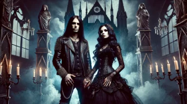 Gothic man and woman in dark attire standing in front of a gothic cathedral-like structure, surrounded by mist and candlelight at M'era Luna 2024.